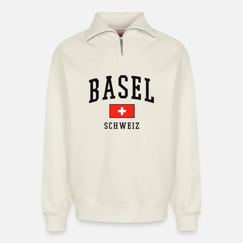 Basel Schweiz Flagge - Relaxed Unisex Organic Half Zip Sweatshirt – von SPREAD - Naturweiß