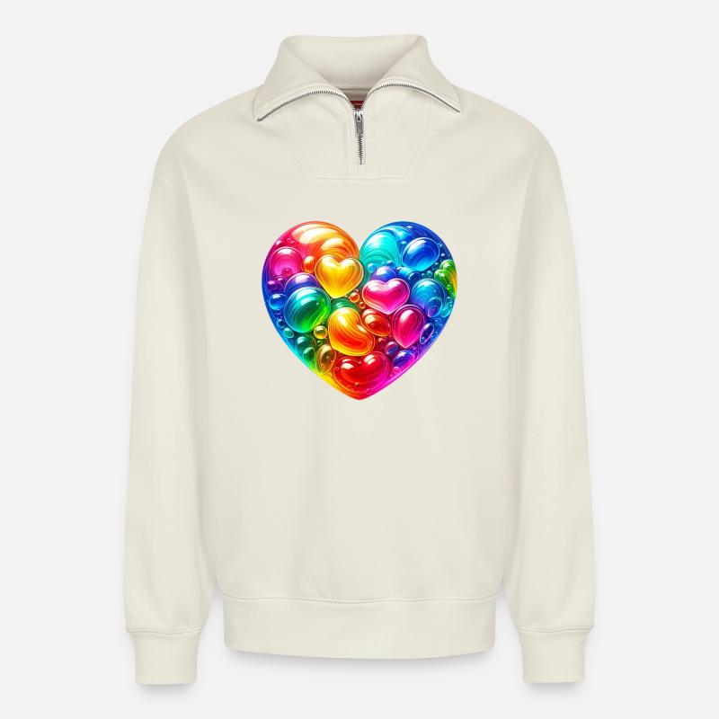 Buntes Herz - Relaxed Unisex Organic Half Zip Sweatshirt – von SPREAD - Naturweiß