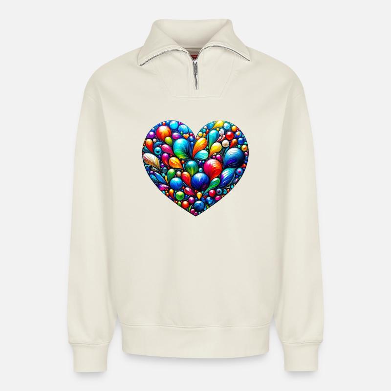 Buntes Herz - Relaxed Unisex Organic Half Zip Sweatshirt – von SPREAD - Naturweiß