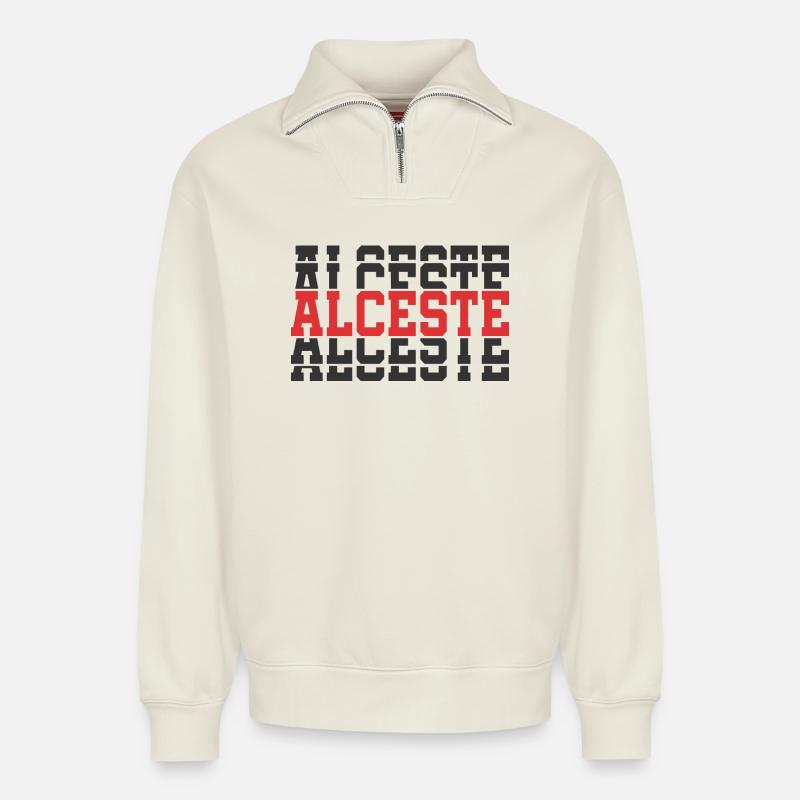 Alceste T-Shirt Geschenkidee gestapelter Text - Relaxed Unisex Organic Half Zip Sweatshirt – von SPREAD - Naturweiß
