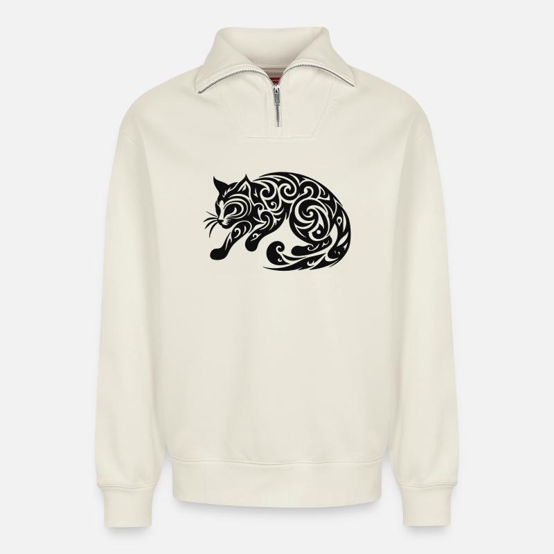 Chat noir - Sweat unisexe décontracté en coton biologique à demi-zip – de SPREAD - blanc cassé
