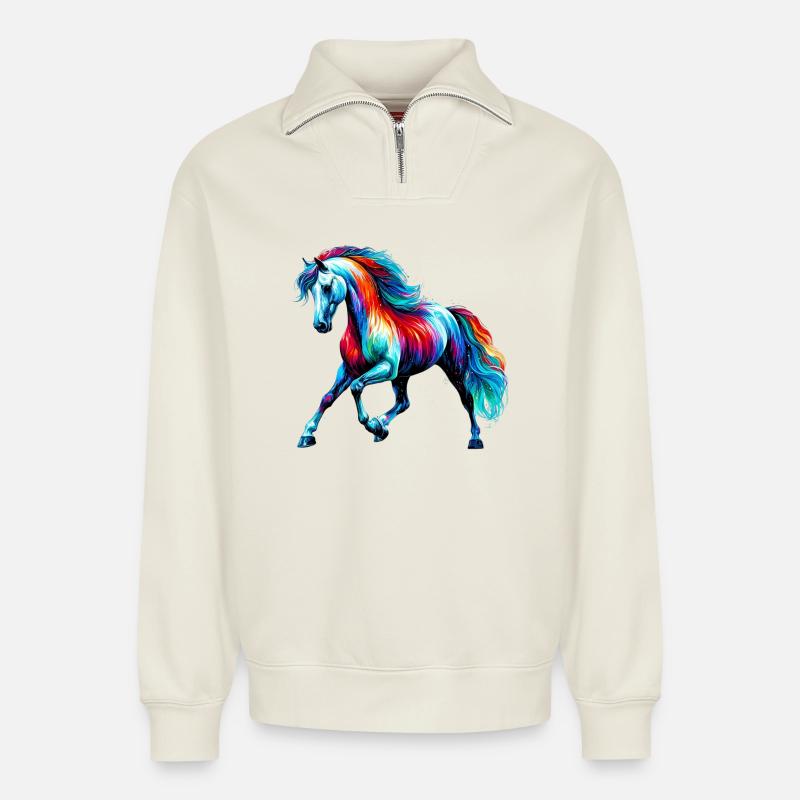 Cheval - Sweat unisexe décontracté en coton biologique à demi-zip – de SPREAD - blanc cassé