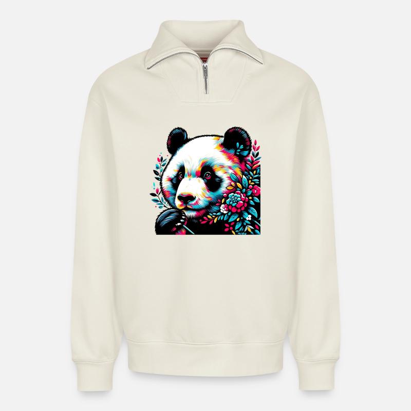 Panda - Relaxed Unisex Organic Half Zip Sweatshirt – von SPREAD - Naturweiß