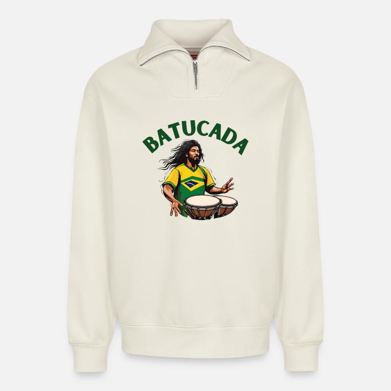 Batucada, batucada player, percussion - Relaxed Unisex Organic Half Zip Sweatshirt – by SPREAD - off white