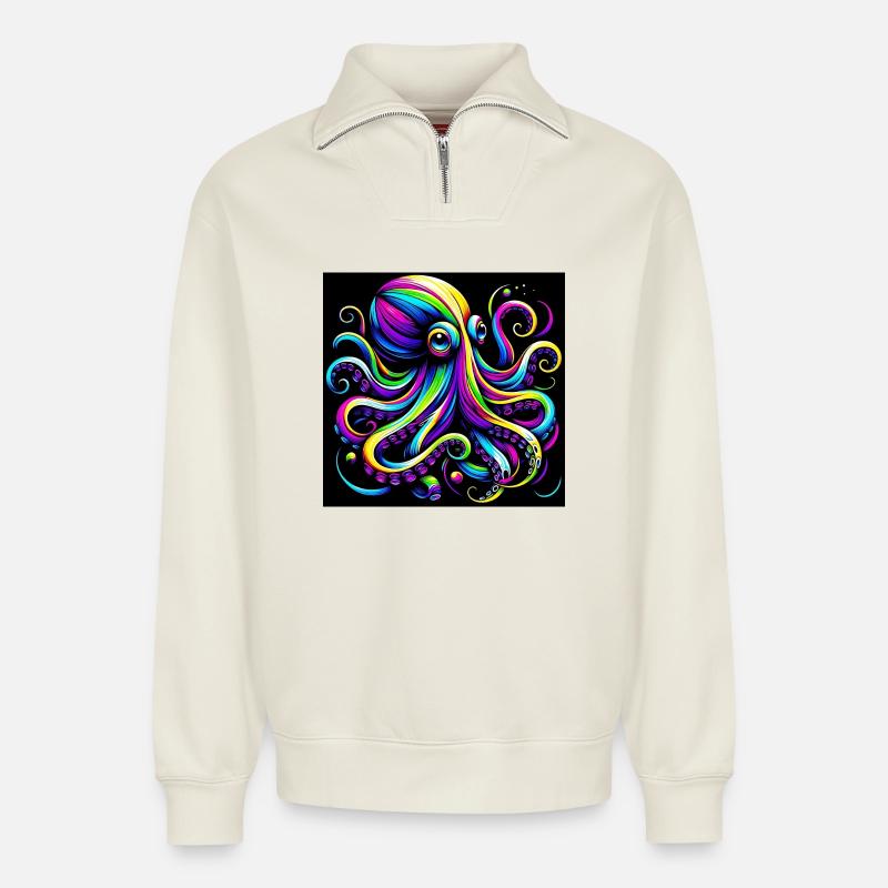 Octopus - Relaxed Unisex Organic Half Zip Sweatshirt – by SPREAD - off white