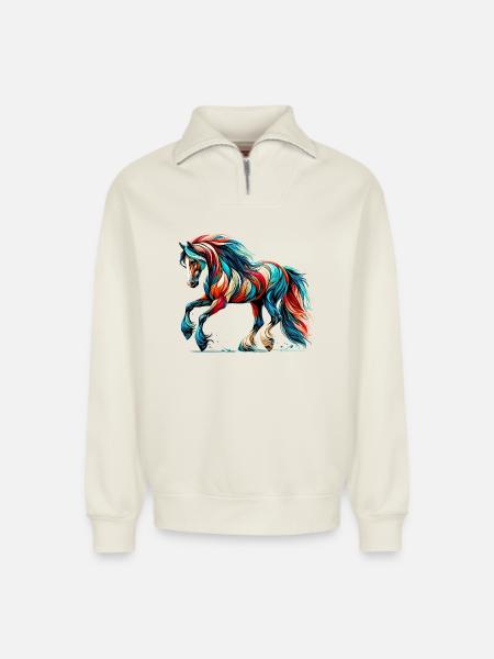 Cheval - Sweat unisexe décontracté en coton biologique à demi-zip – de SPREAD - blanc cassé