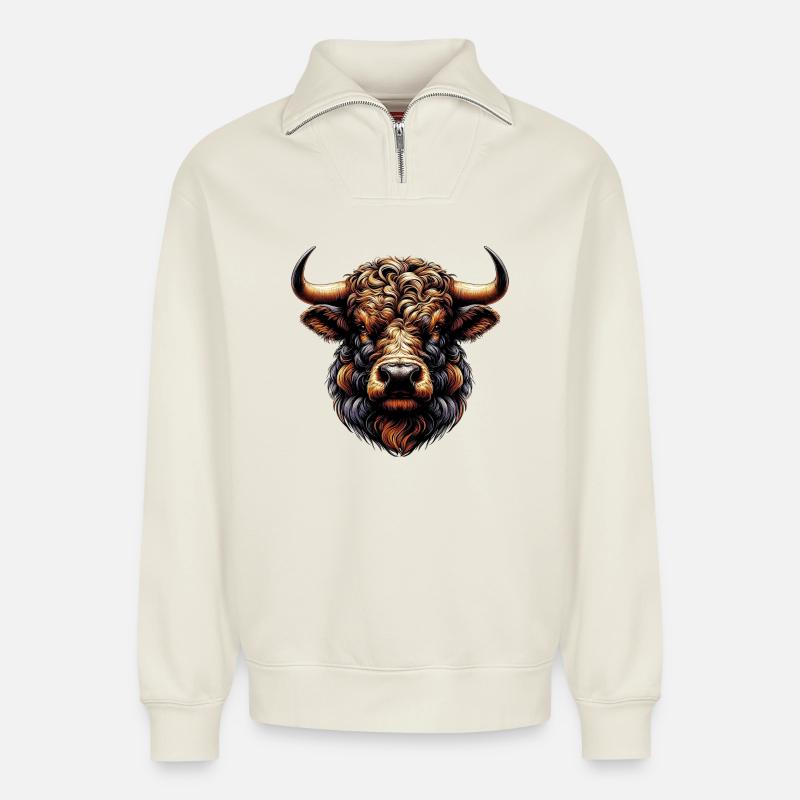 Stier - Relaxed Unisex Organic Half Zip Sweatshirt – von SPREAD - Naturweiß