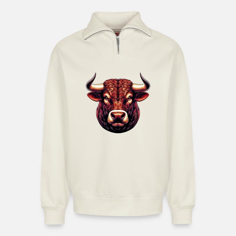 Stier - Relaxed Unisex Organic Half Zip Sweatshirt – von SPREAD - Naturweiß