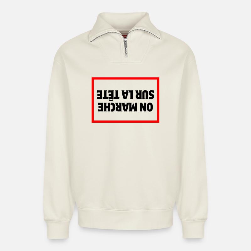 Bauer, Bauer, Bauer, Bauer - Relaxed Unisex Organic Half Zip Sweatshirt – von SPREAD - Naturweiß