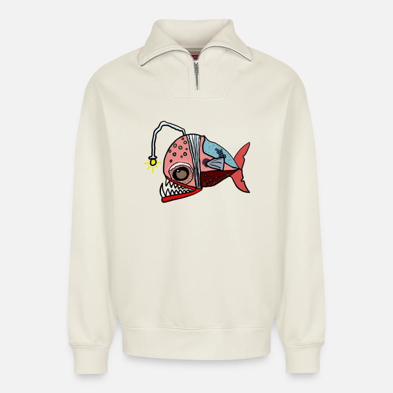 Fischkollage mit Lampenblick Anglerfisch - Relaxed Unisex Organic Half Zip Sweatshirt – von SPREAD - Naturweiß