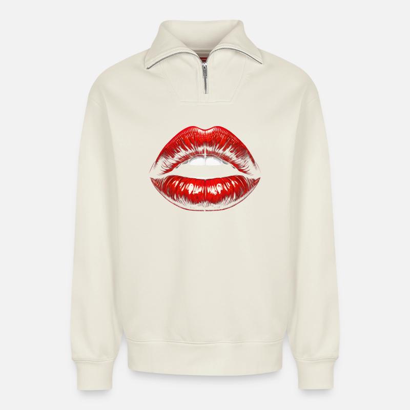 Lips - Relaxed Unisex Organic Half Zip Sweatshirt – by SPREAD - off white
