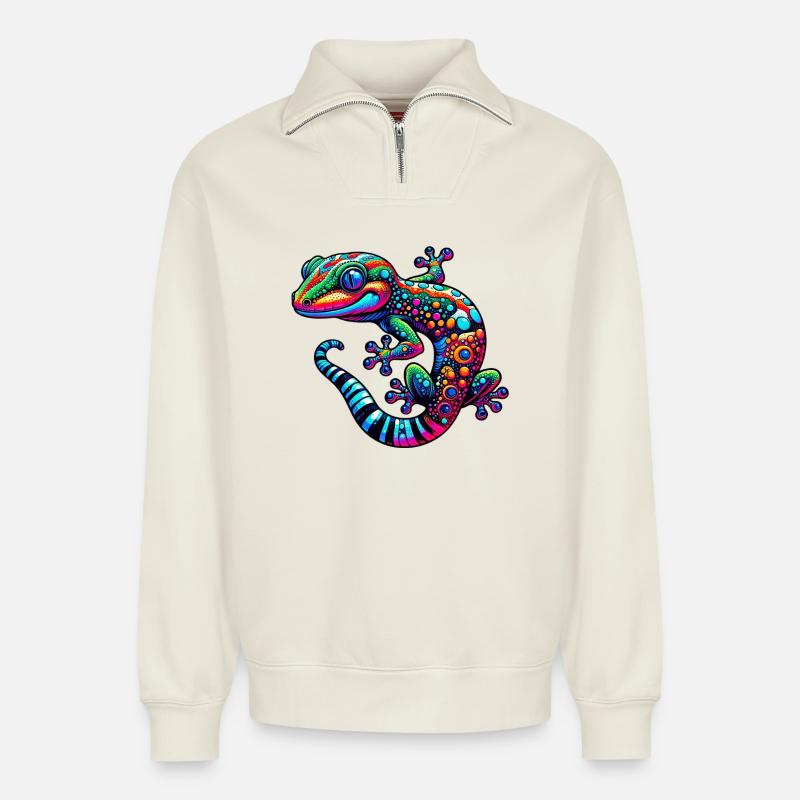 Gecko - Sweat unisexe décontracté en coton biologique à demi-zip – de SPREAD - blanc cassé