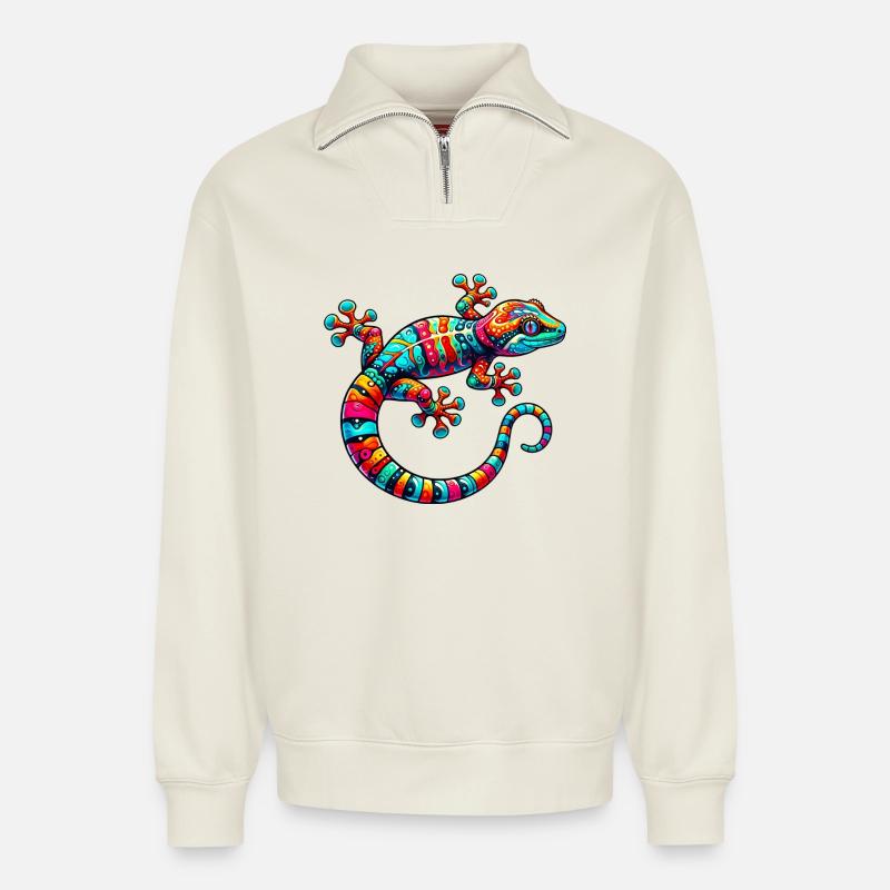 Gecko - Relaxed Unisex Organic Half Zip Sweatshirt – von SPREAD - Naturweiß