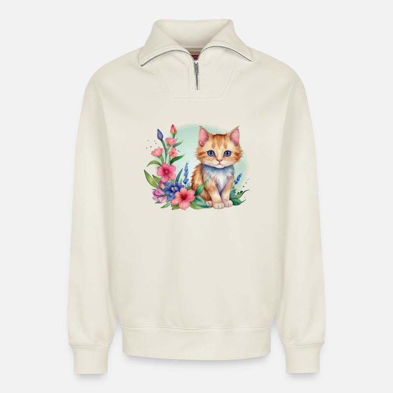 Kätzchen in einer Blumenwiese - Relaxed Unisex Organic Half Zip Sweatshirt – von SPREAD - Naturweiß