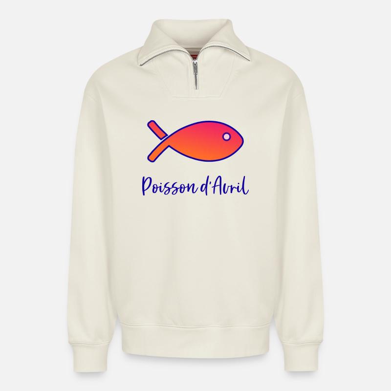 POISSON D'AVRIL - Sweat unisexe décontracté en coton biologique à demi-zip – de SPREAD - blanc cassé