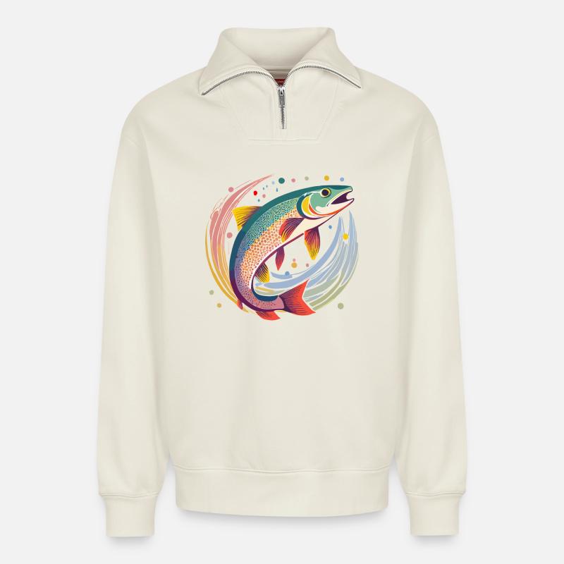 Forelle im Wasser - Relaxed Unisex Organic Half Zip Sweatshirt – von SPREAD - Naturweiß