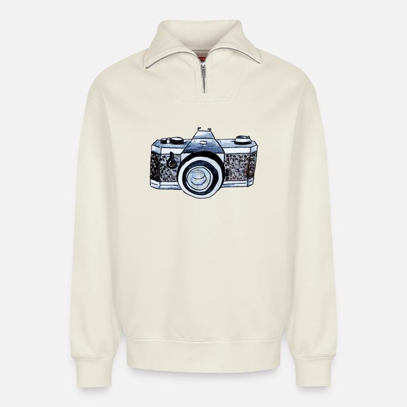 Caméra - Sweat unisexe décontracté en coton biologique à demi-zip – de SPREAD - blanc cassé
