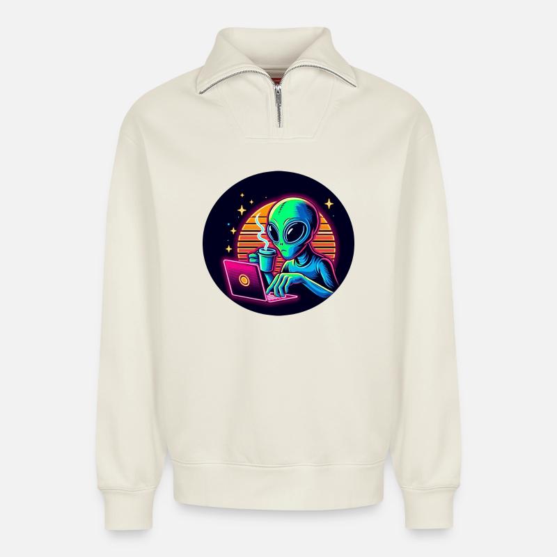 Alien bei der Arbeit - Relaxed Unisex Organic Half Zip Sweatshirt – von SPREAD - Naturweiß