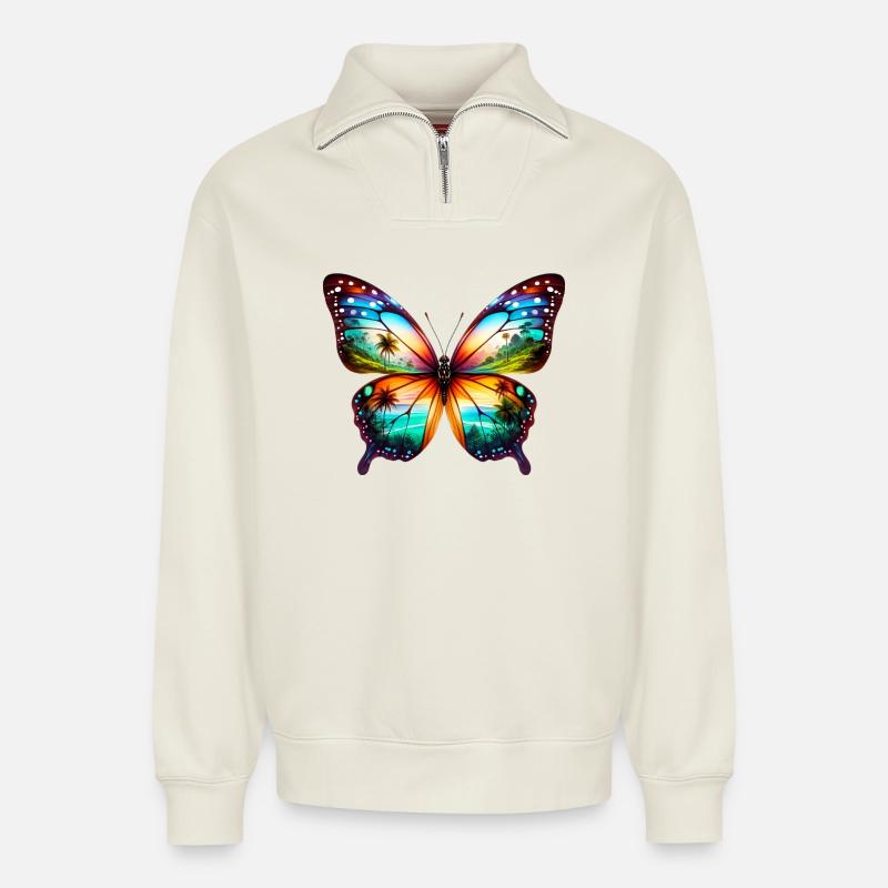 Papillon - Sweat unisexe décontracté en coton biologique à demi-zip – de SPREAD - blanc cassé