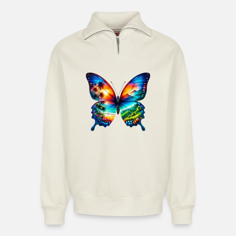 Papillon - Sweat unisexe décontracté en coton biologique à demi-zip – de SPREAD - blanc cassé
