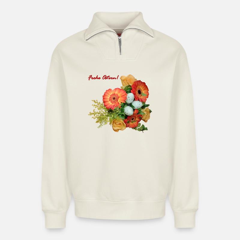 Joyeuses fleurs de Pâques - Sweat unisexe décontracté en coton biologique à demi-zip – de SPREAD - blanc cassé