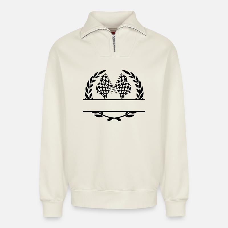 Racing flag in laurel wreath - Relaxed Unisex Organic Half Zip Sweatshirt – by SPREAD - off white