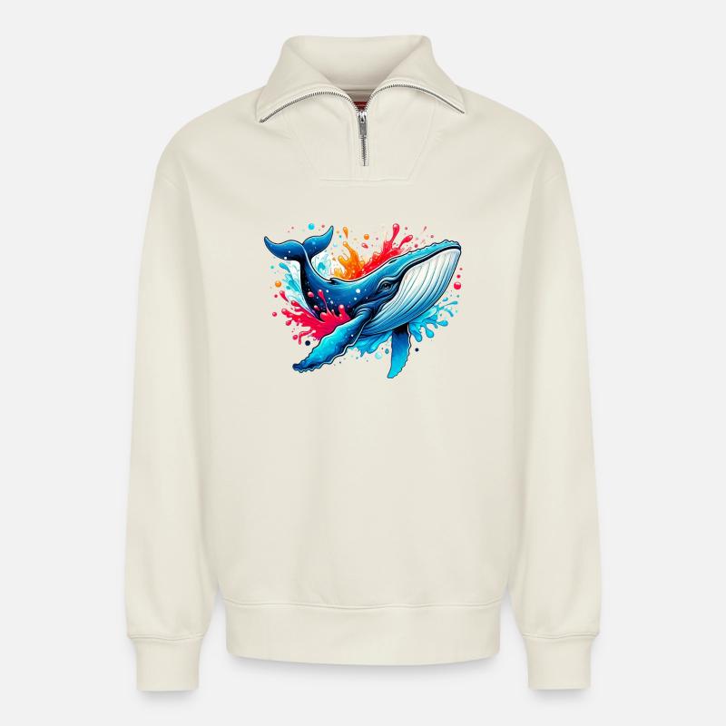 Baleine - Sweat unisexe décontracté en coton biologique à demi-zip – de SPREAD - blanc cassé