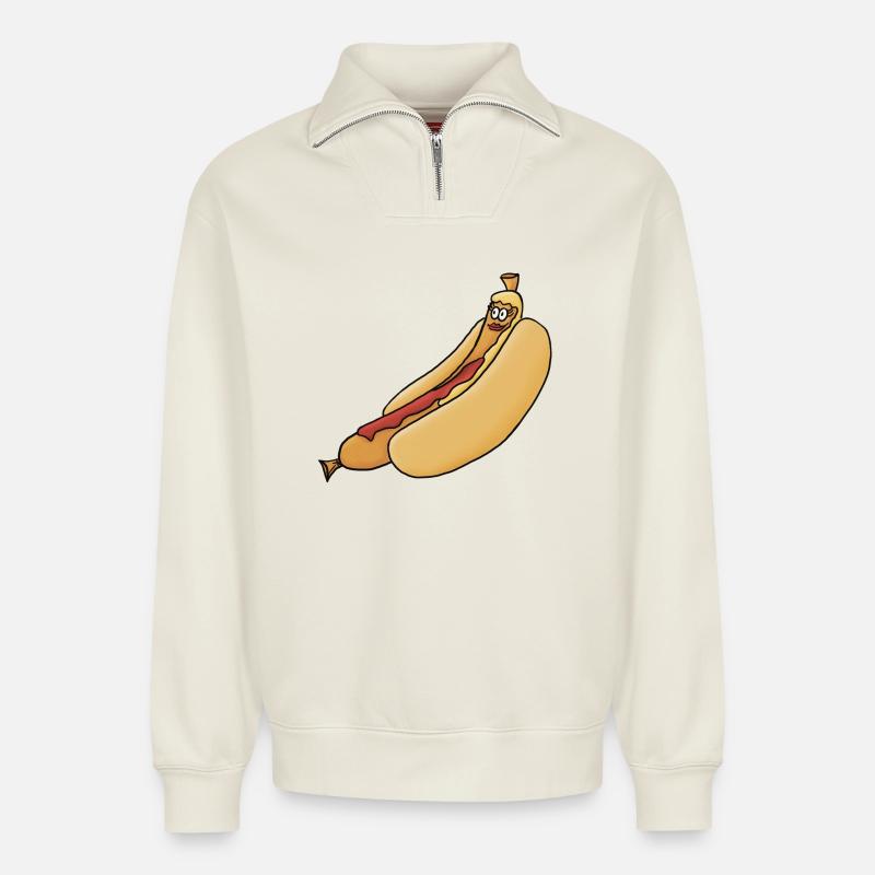 relaxed bockwurst in a bun - Relaxed Unisex Organic Half Zip Sweatshirt – by SPREAD - off white