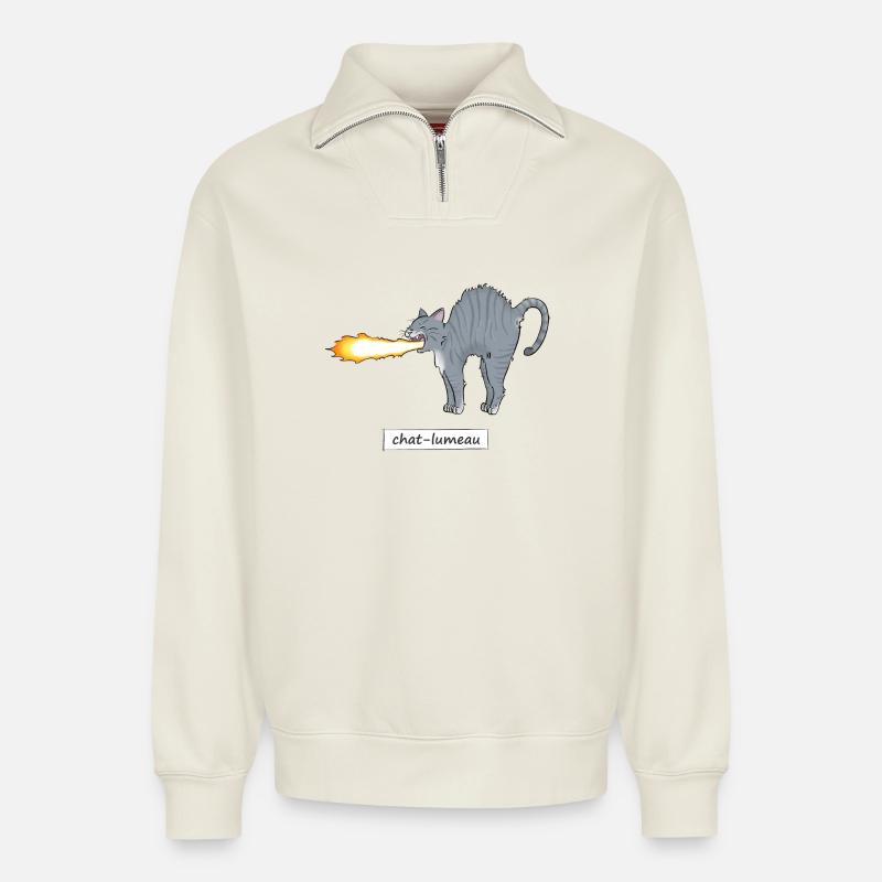 Chat-lumeau - Sweat unisexe décontracté en coton biologique à demi-zip – de SPREAD - blanc cassé