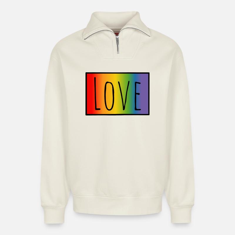 CSD Tshirt Regenbogen Love - Relaxed Unisex Organic Half Zip Sweatshirt – von SPREAD - Naturweiß