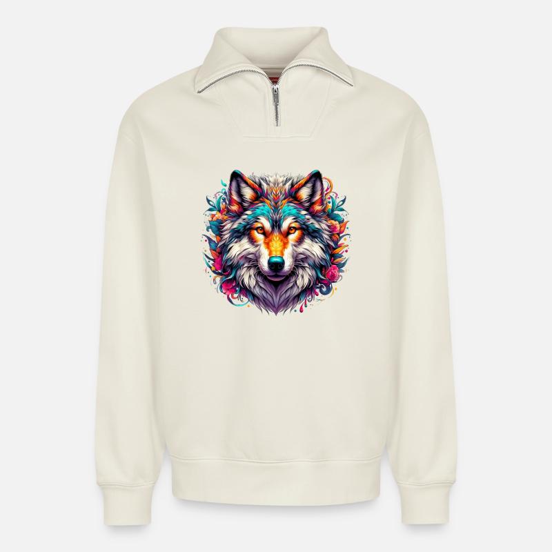 Wolf - Relaxed Unisex Organic Half Zip Sweatshirt – von SPREAD - Naturweiß