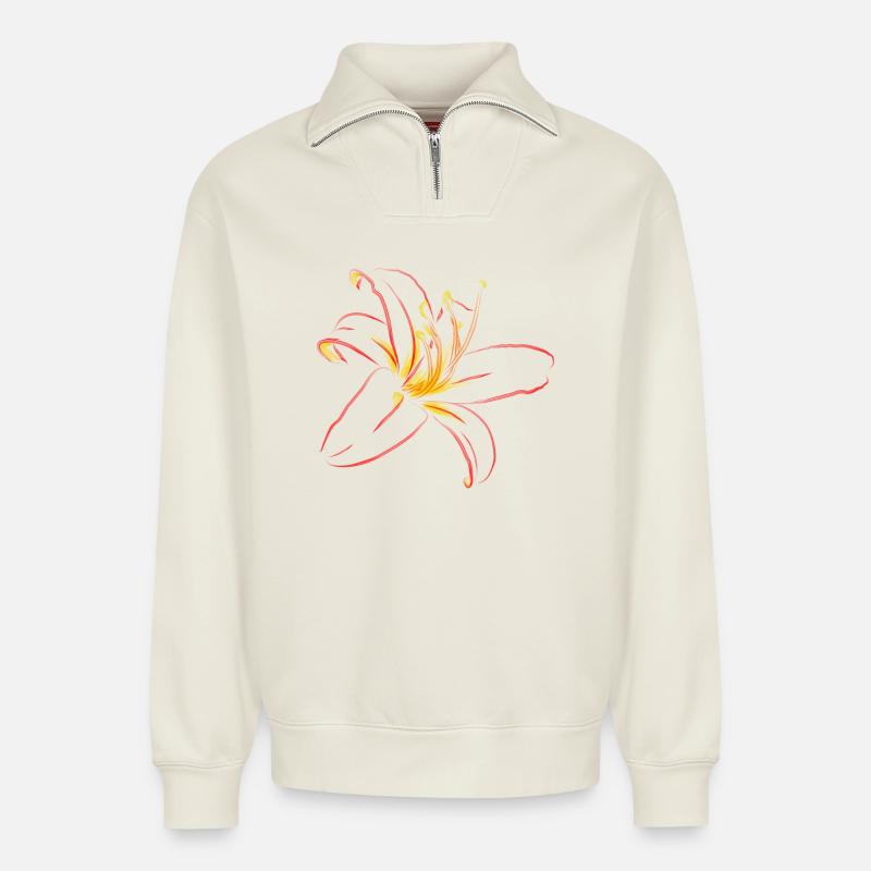 Flame Blossom Line Art - Relaxed Unisex Organic Half Zip Sweatshirt – by SPREAD - off white