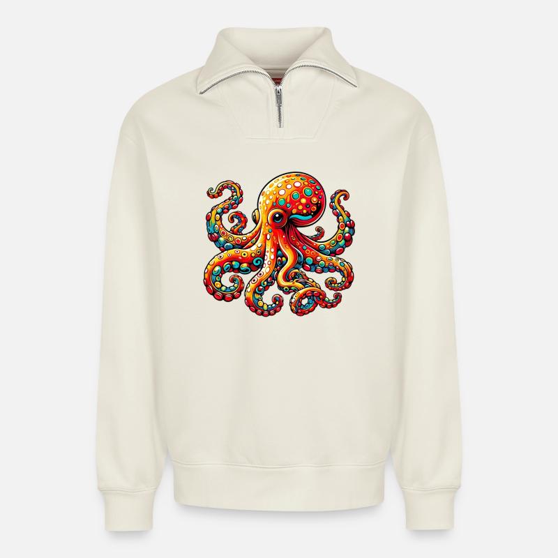 Krake - Relaxed Unisex Organic Half Zip Sweatshirt – von SPREAD - Naturweiß