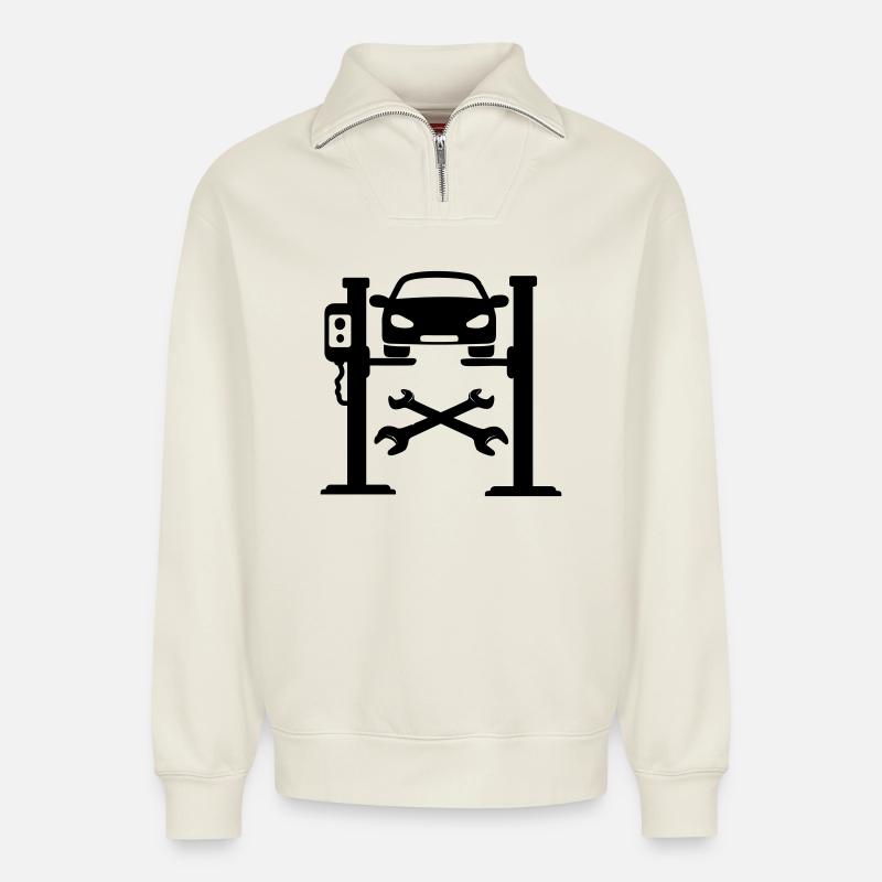 Logo du garage automobile - Sweat unisexe décontracté en coton biologique à demi-zip – de SPREAD - blanc cassé
