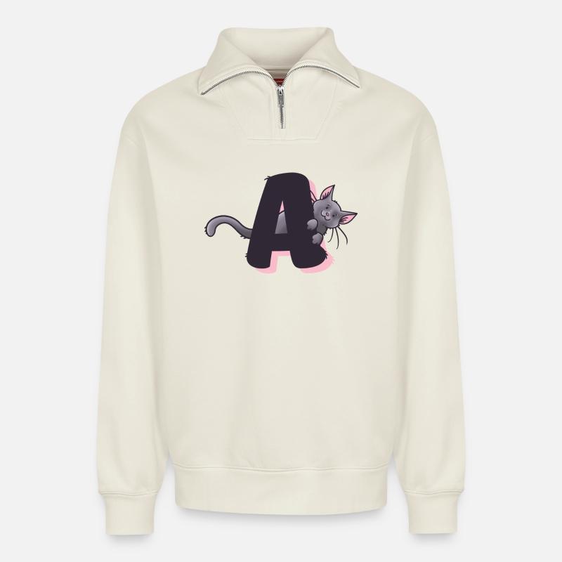 Katze Buchstabe A - Relaxed Unisex Organic Half Zip Sweatshirt – von SPREAD - Naturweiß