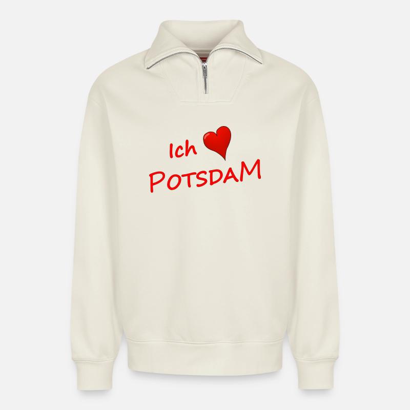 ICH LIEBE POTSDAM - Relaxed Unisex Organic Half Zip Sweatshirt – von SPREAD - Naturweiß