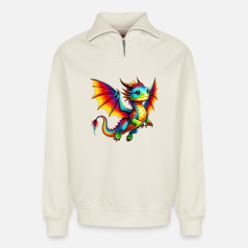 Drache - Relaxed Unisex Organic Half Zip Sweatshirt – von SPREAD - Naturweiß