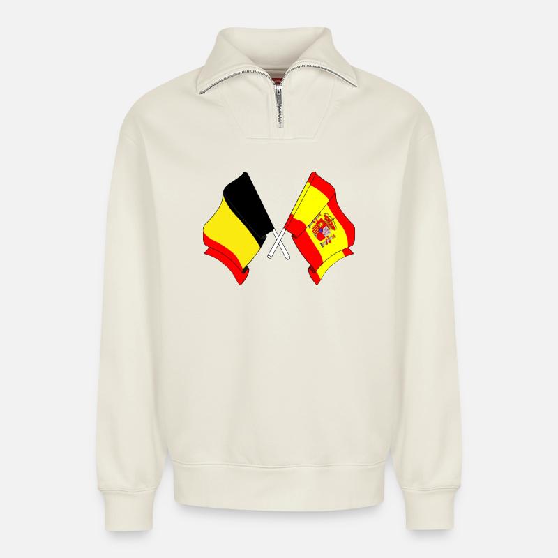 Drapeau Belgique, drapeau Espagne - Sweat unisexe décontracté en coton biologique à demi-zip – de SPREAD - blanc cassé