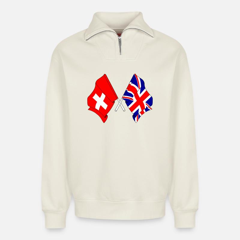 Flagge Schweiz, Flagge England - Relaxed Unisex Organic Half Zip Sweatshirt – von SPREAD - Naturweiß