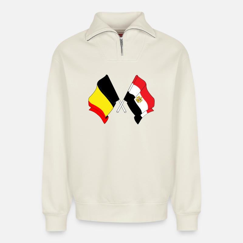 Drapeau Belgique, drapeau Égypte - Sweat unisexe décontracté en coton biologique à demi-zip – de SPREAD - blanc cassé