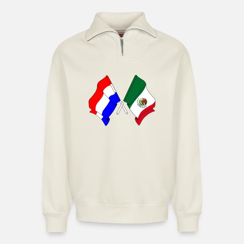 Drapeau Pays-Bas, drapeau Mexique - Sweat unisexe décontracté en coton biologique à demi-zip – de SPREAD - blanc cassé