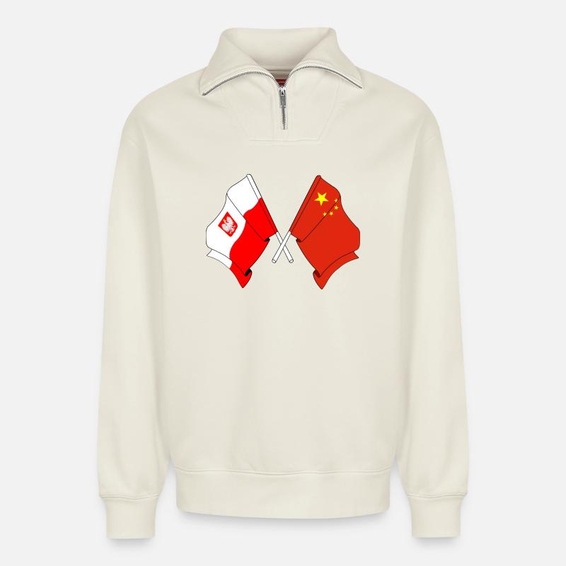 Flagge Polen, Flagge China - Relaxed Unisex Organic Half Zip Sweatshirt – von SPREAD - Naturweiß