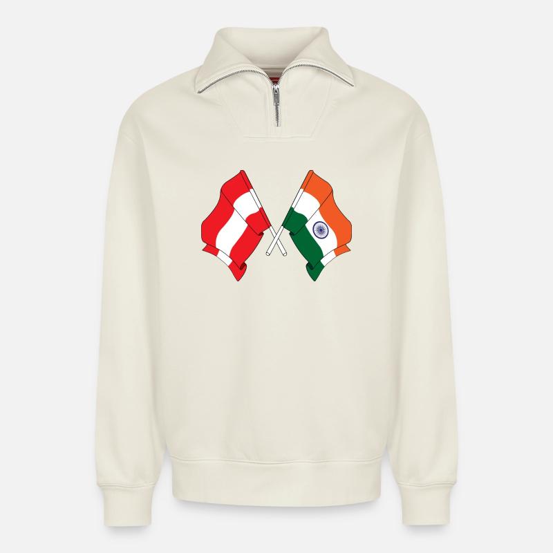 Drapeau Autriche, Drapeau Inde - Sweat unisexe décontracté en coton biologique à demi-zip – de SPREAD - blanc cassé