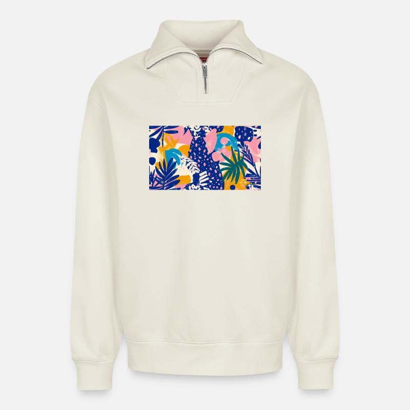 Tropical Abstract Pattern - Relaxed Unisex Organic Half Zip Sweatshirt – by SPREAD - off white