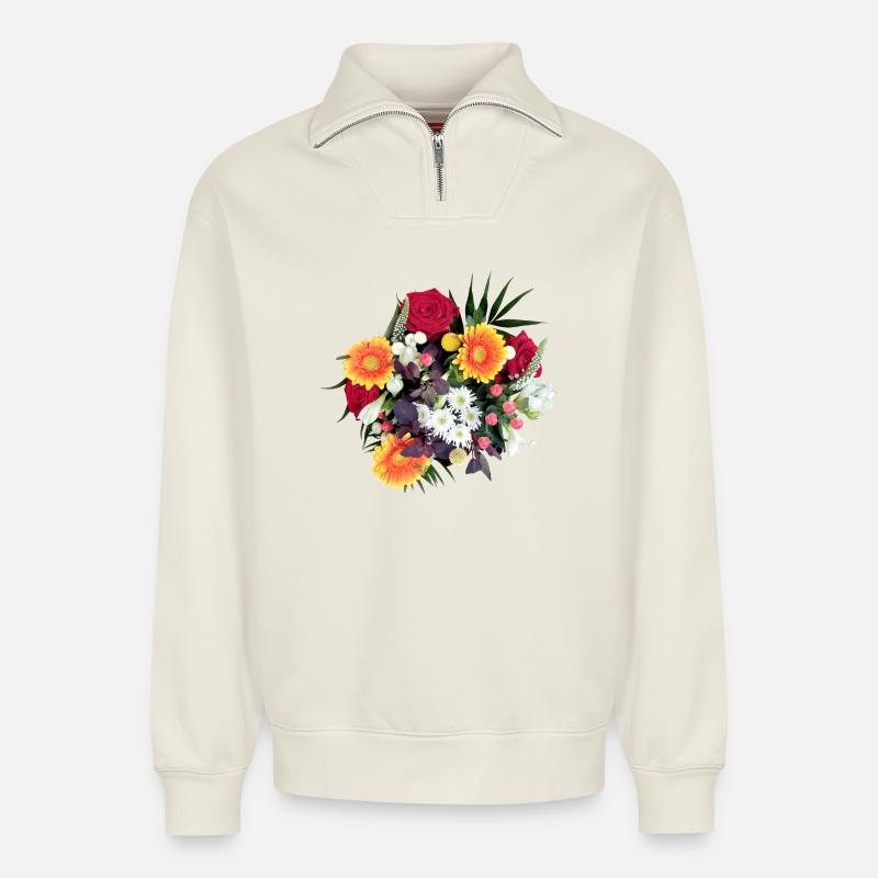 BLUMENSTRAUSS - Relaxed Unisex Organic Half Zip Sweatshirt – von SPREAD - Naturweiß