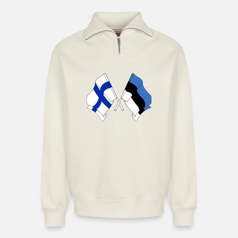 Drapeau Finlande, drapeau Estonie - Sweat unisexe décontracté en coton biologique à demi-zip – de SPREAD - blanc cassé