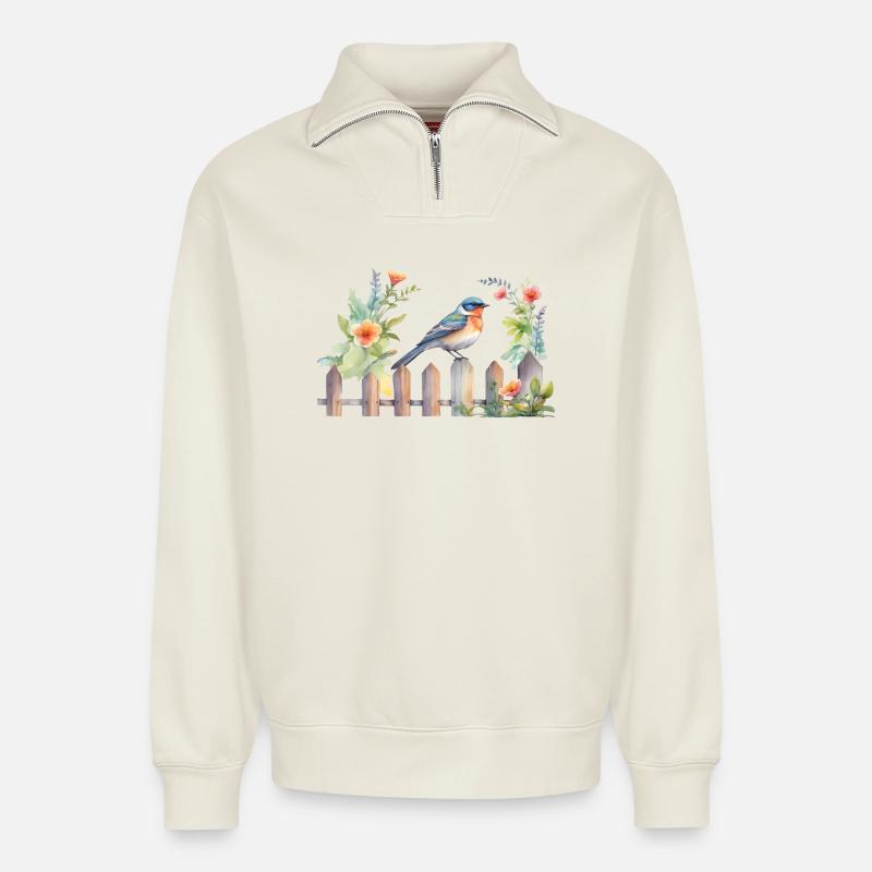 Vogel auf Holzzaun - Relaxed Unisex Organic Half Zip Sweatshirt – von SPREAD - Naturweiß