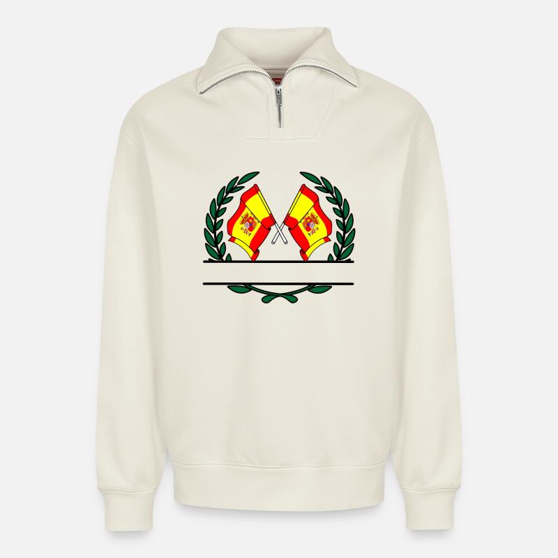 Flags Spain laurel wreath banner - Relaxed Unisex Organic Half Zip Sweatshirt – by SPREAD - off white