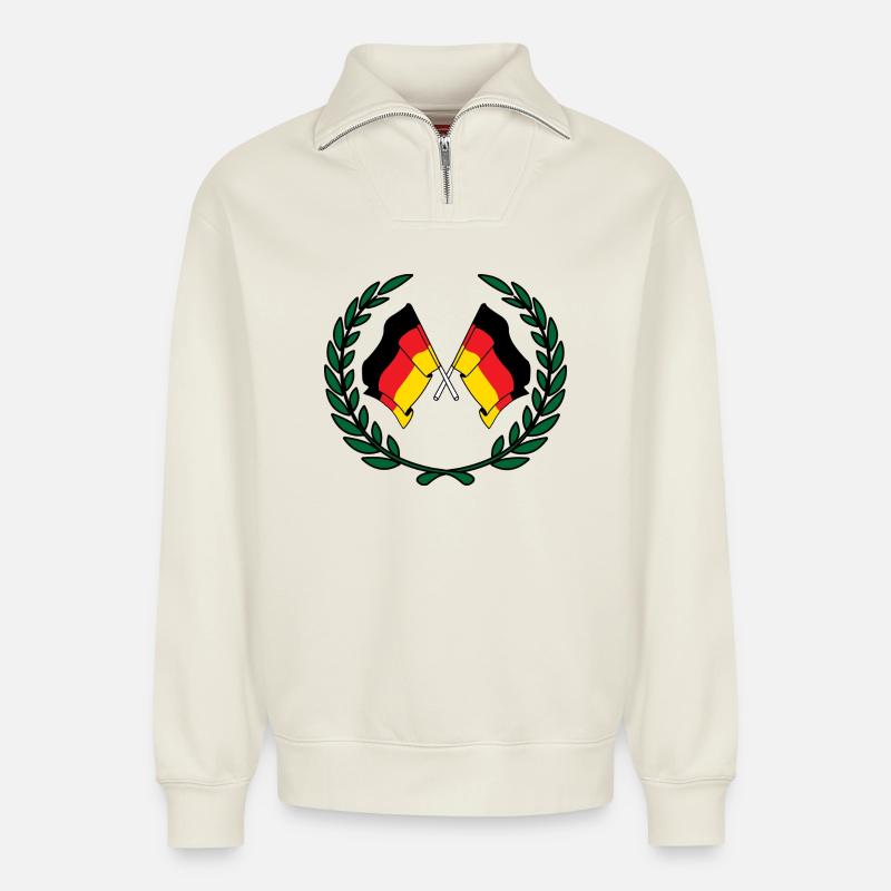 Flags Germany in laurel wreath - Relaxed Unisex Organic Half Zip Sweatshirt – by SPREAD - off white