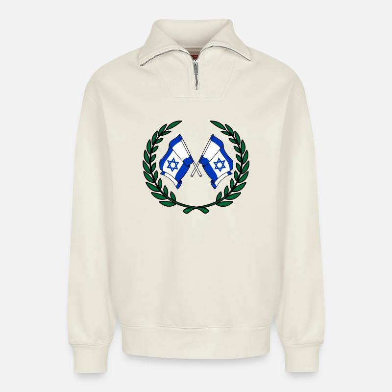 Flags Israel in laurel wreath - Relaxed Unisex Organic Half Zip Sweatshirt – by SPREAD - off white